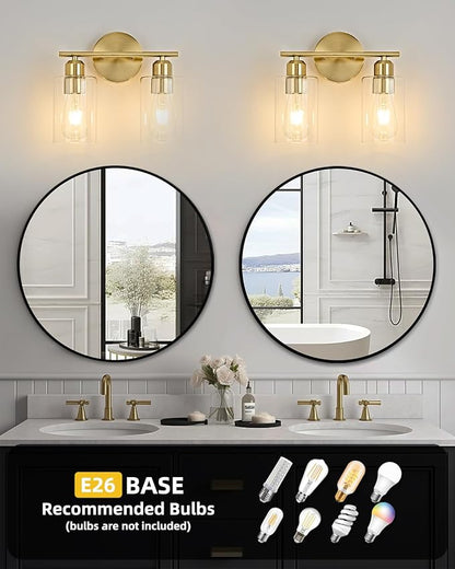 2Light Modern Vanity Lights - Gold, Clear Glass Shade, Wall Sconce for Bathroom & Bedroom, 2 Pack