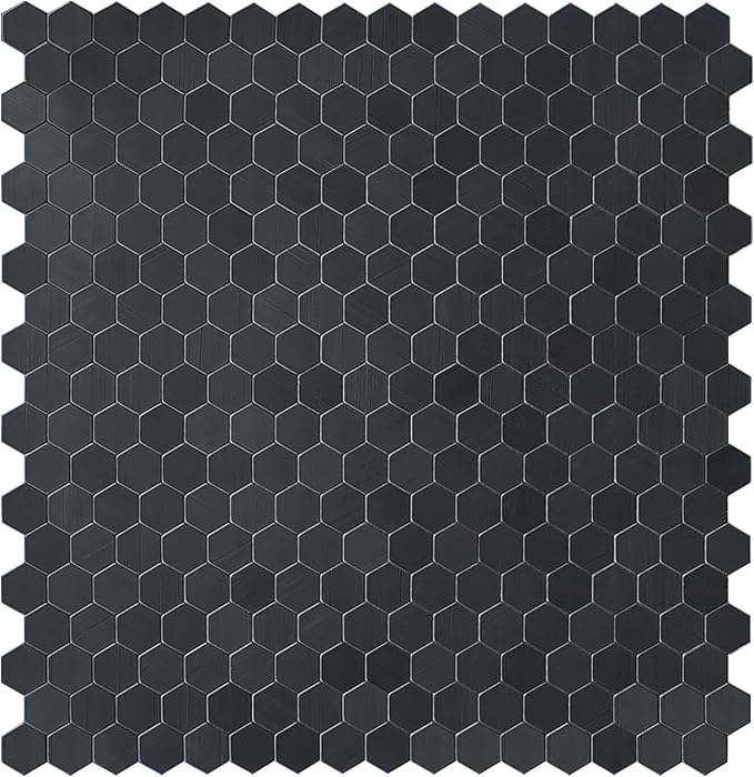 Black Peel and Stick Backsplash Mini Hexagon Tile, Self Adhesive Brushed Metal Surface Honeycomb Stick on Wall Tiles for Kitchen Bathroom(12 Sheets)