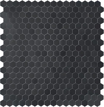 Black Peel and Stick Backsplash Mini Hexagon Tile, Self Adhesive Brushed Metal Surface Honeycomb Stick on Wall Tiles for Kitchen Bathroom(12 Sheets)