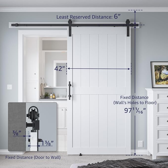 42in x 96in MDF Sliding Barn Door with 7ft Barn Door Hardware Kit & Handle | White Solid Barn Door Slab Covered with Water-Proof PVC Surface, Pre-Drilled Holes Easy Assembly, H-Frame