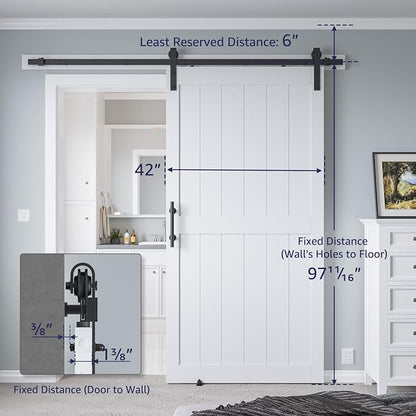 42in x 96in MDF Sliding Barn Door with 7ft Barn Door Hardware Kit & Handle | White Solid Barn Door Slab Covered with Water-Proof PVC Surface, Pre-Drilled Holes Easy Assembly, H-Frame