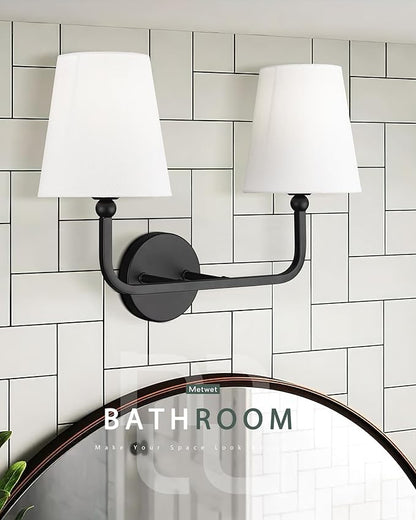 2-Light Bathroom Vanity Light Fixtures in Matte Black Finish, Modern Bedside Wall Sconces with Flared White Fabric Shade for Bathroom, Hallway, Living Room, Kitchen, VL837-MB-2