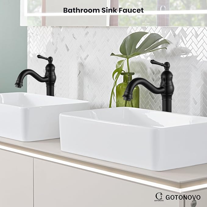 gotonovo Vessel Sink Faucet 360° Swivel Spout Single Handle Tall Bathroom Faucet 1 Hole Farmhouse Lavatory Washbasin Mixer Tap Matching Supply Hoses, with Pop Up Drain, Matte Black