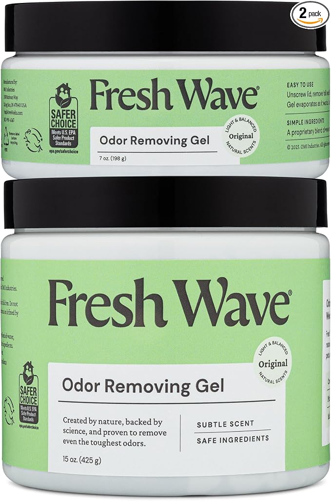 Fresh Wave Original Odor Eliminator Gel 2-Pack 15 oz & 7 oz Air Freshener | Plant-based formula. No parabens or harsh chemicals. EPA Safer Choice. Bathroom & closet odor absorber. Refillable.