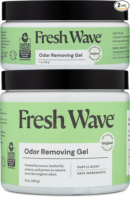 Fresh Wave Original Odor Eliminator Gel 2-Pack 15 oz & 7 oz Air Freshener | Plant-based formula. No parabens or harsh chemicals. EPA Safer Choice. Bathroom & closet odor absorber. Refillable.
