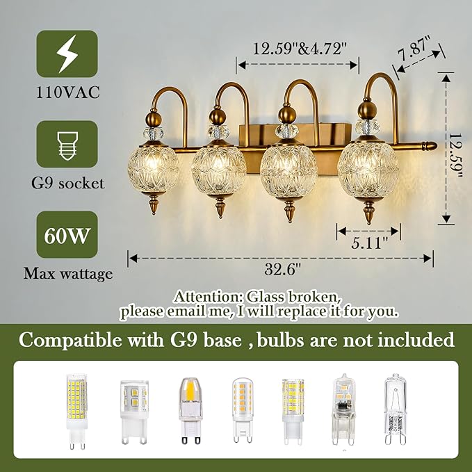 Vintage Bathroom Light Fixtures Gold Vanity Light with Glass Globe LampShade 4 Lights Brushed Brass G9 Bulb Wall Sconce Antique Indoor Vanity Light Over Mirror for Kitchen Bedroom Living Room