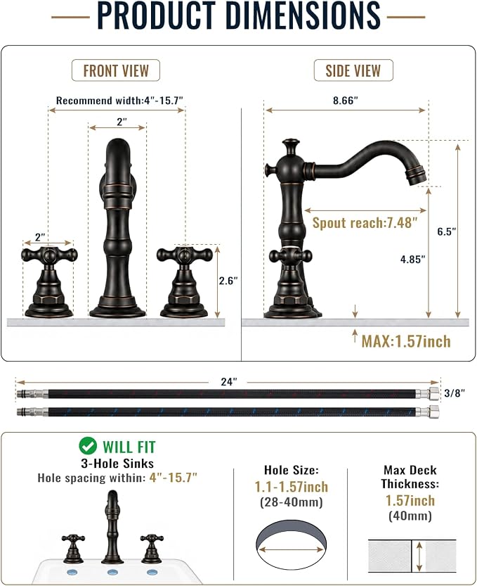 gotonovo Bathroom Faucet 3 Hole Vintage, Oil Rubbed Bronze, Hot Cold Label | Widespread Bathroom Sink Faucet 8 Inch 2 Cross Handles,Pop Up Drain,cUPC Supply Line,4-15.7” Install,for Vanity Farmhouse RV