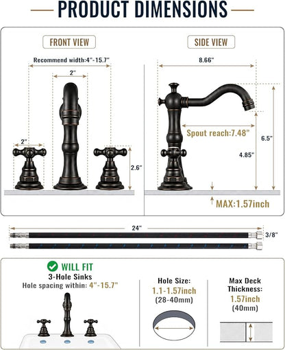 gotonovo Bathroom Faucet 3 Hole Vintage,Oil Rubbed Bronze,Script Font Label | Widespread Bathroom Sink Faucet 8 Inch 2 Cross Handles,Pop Up Drain,cUPC Supply Line,4-15.7” Install,for Vanity Farmhouse RV