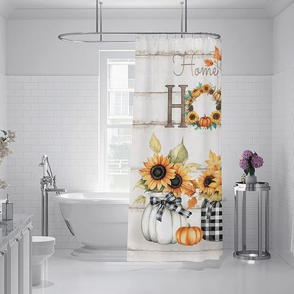 Tijuboni Fall Sunflower Pumpkin Shower Curtain, Farmhouse Home Sweet Home Bathroom Decor, Rustic Maple Leaf Waterproof Fabric Curtain for Harvest Thanksgiving Gifts 60x72 Inch