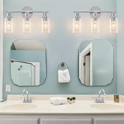 DLLT 3-Light Bathroom Light Fixtures: Chrome Modern Vanity Lights with Clear Glass Shade - Bathroom Wall Lamp for Mirror Kitchen Living Room - 2 Packs
