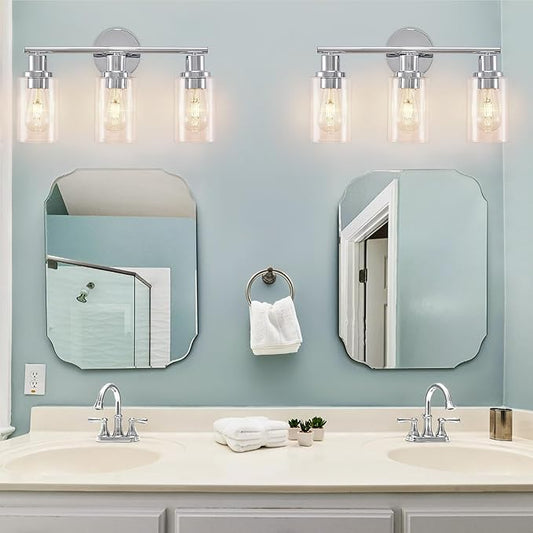 DLLT 3-Light Bathroom Light Fixtures: Chrome Modern Vanity Lights with Clear Glass Shade - Bathroom Wall Lamp for Mirror Kitchen Living Room - 2 Packs