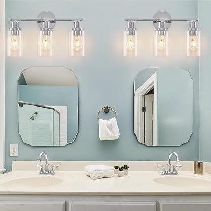 DLLT 3-Light Bathroom Light Fixtures: Chrome Modern Vanity Lights with 3 E26 Bulbs - Clear Glass Shade Bathroom Wall Lamp for Mirror Kitchen Living Room Hallway Cabinet Porch