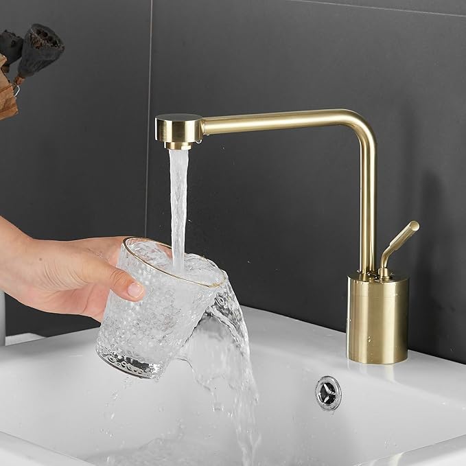 Gold Brushed Bathroom Sink Faucet One Hole Bathroom Faucet - 360 Degree Modern Vanity Basin Faucet with Water Supply Hoses Deck Mount