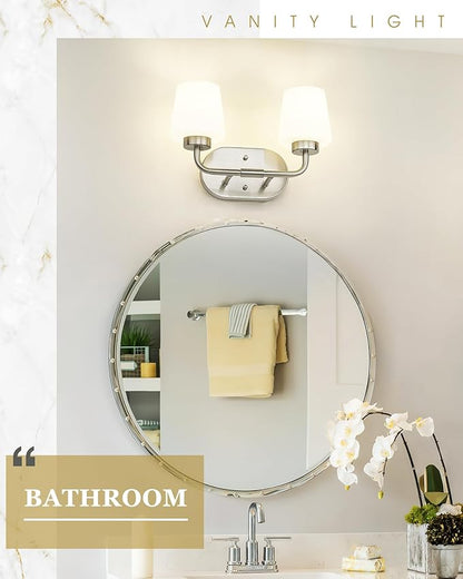 Bathroom Light Fixtures Over Mirror, 2-Light Brushed Nickel Vanity Lighting Fixtures with Milk White Glass, Vintage Farmhouse Wall Sconces Lighting, AD-22004-2W-SN