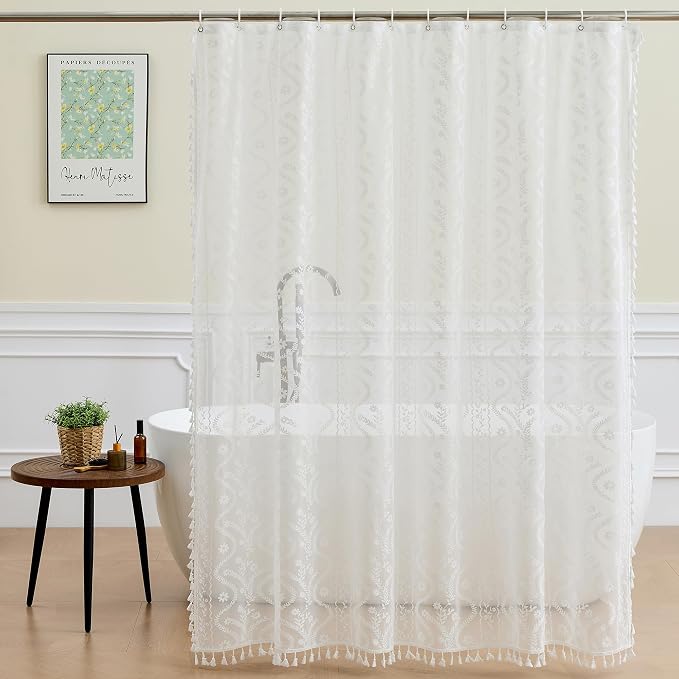 WAZZIO White Lace Shower Curtain - Vintage Pretty Flower Sheer Shower Curtains, Elegant Decorative Tassel Bath Curtains for Bathroom, 72 x 72 Inch, 1 Piece