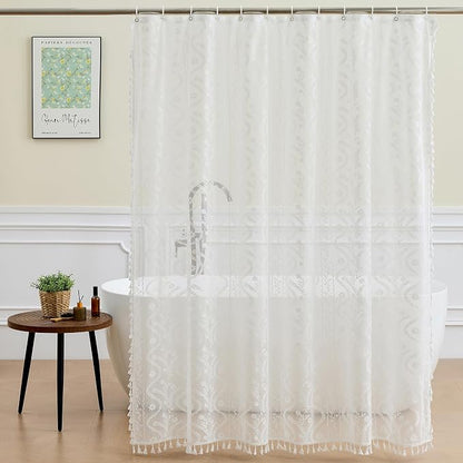 WAZZIO White Lace Shower Curtain - Vintage Pretty Flower Sheer Shower Curtains, Elegant Decorative Tassel Bath Curtains for Bathroom, 72 x 72 Inch, 1 Piece