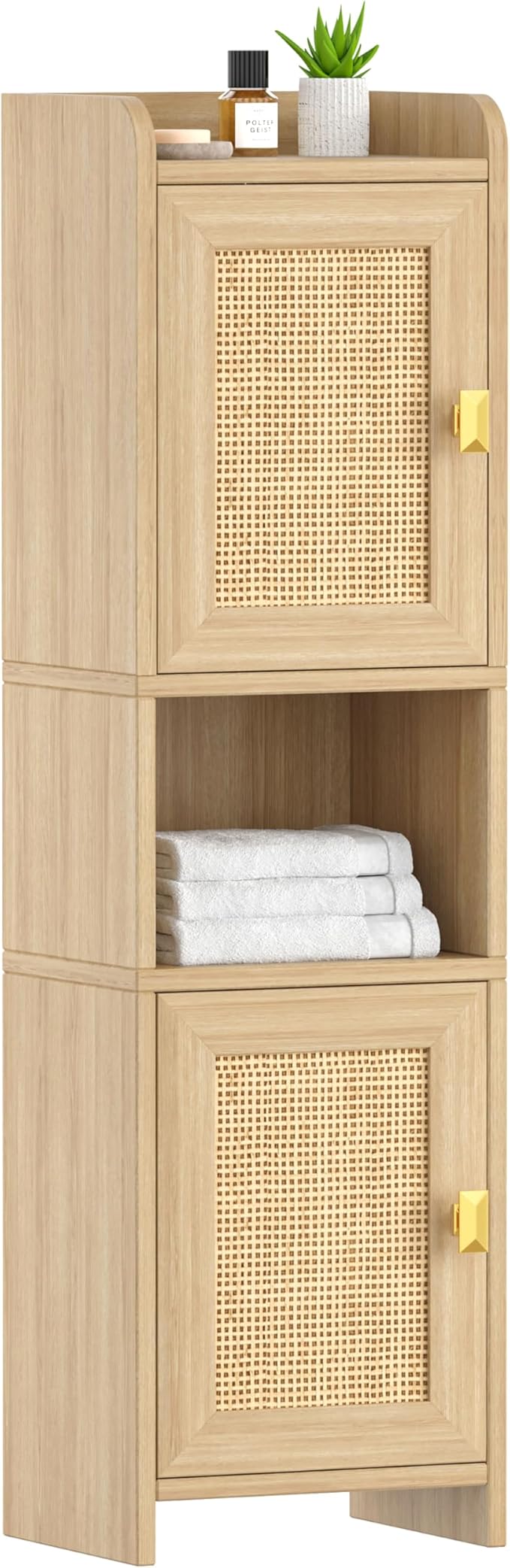 Rattan Small Bathroom Cabinet with 2 Doors, 7.9''D x 9.8''W x 34.8" H Narrow Floor Cabinet with Adjustable Shelf, Bathroom Organizer for Small Spaces, Wooden Corner Unit, Natural Oak