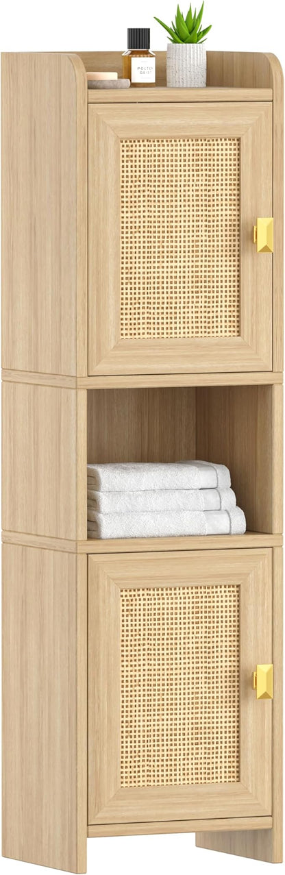 Rattan Small Bathroom Cabinet with 2 Doors, 7.9''D x 9.8''W x 34.8" H Narrow Floor Cabinet with Adjustable Shelf, Bathroom Organizer for Small Spaces, Wooden Corner Unit, Natural Oak