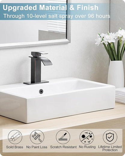 Waterfall Bathroom Faucet Oil Rubbed Bronze, Brass 4 Ins Bathroom Faucets One Hole or 3 Hole, Single Handle with Deck Plate, Pop-up Drain & Water Hose