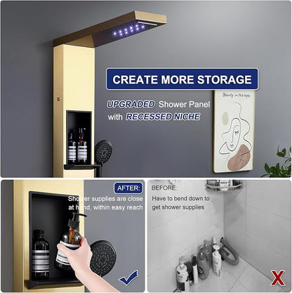 ROVATE LED Rainfall Waterfall Shower Panel Tower with Shelf, Brushed Gold | Powerful Stainless Steel Shower Column with 6 Angle Adjustable Body Massage Jets, Self-Cleaning 5-Setting Handheld
