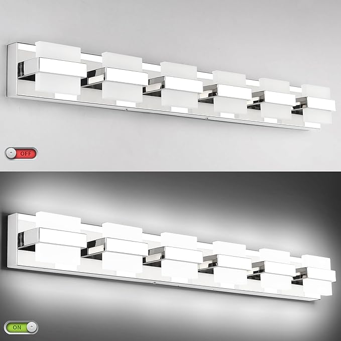 SOLFART 6-Light Bathroom Vanity Lights Above Mirror, Chrome Light Fixtures for Bathroom, LED Vanity Lighting,5 Color Temperature Adjustable,Bath Lighting Fixture Nickel