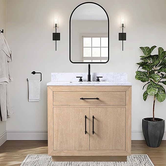 Vanity Art 36 inch Bathroom Vanity with Sink, Vanity Cabinet with Doors and Removable Shelf, Modern Wood Cabinet with White Marble Top, Solid Wood Frame, Ceramic Sink VA70-36-LW-E
