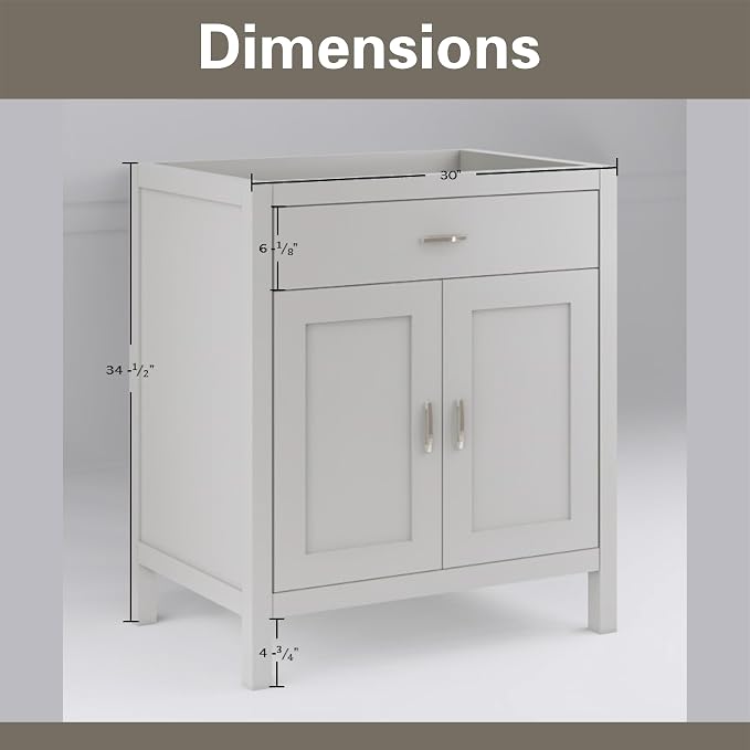 30" Light Grey Bathroom Vanity Base Only – Freestanding Solid Wood Sink Cabinet with Tip-Out Drawer, Shaker Style Storage, No Top or Sink, 30" W x 21" D x 34.5" H
