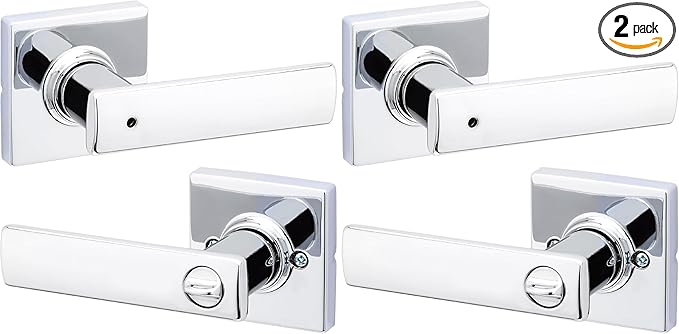 Kwikset Breton Interior Privacy Door Handle with Lock 2 Pack, Door Lever for Bathroom and Bedroom, Polished Chrome Reversible Keyless Turn Lock