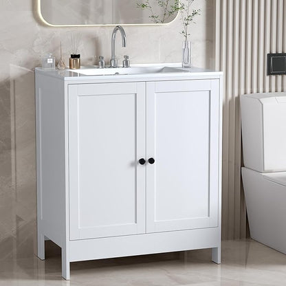 VINGLI 30 Inch White Bathroom Vanity with Sink, Modern Freestanding Sink Vanity with Soft-Close Doors and Storage Shelves, White Bathroom Cabinet with Single Hole Ceramic Basin for Small Bathrooms