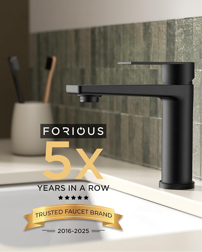 FORIOUS Black Bathroom Faucet 1 Hole, Commercial Bathroom Sink Faucets | Single Hole Bathroom Sink Faucet Matte Black, Single Handle Rv Faucet Bathroom for Sink with Deck Plate and Pop Up Drain