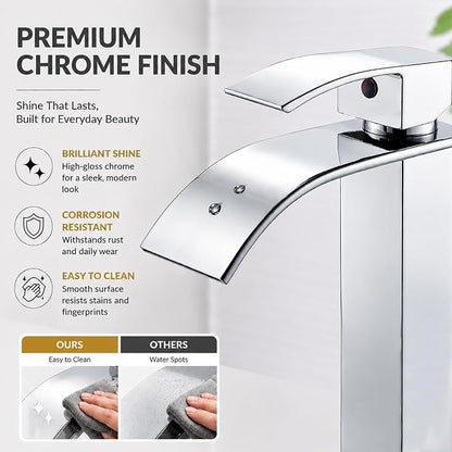VOTON Vessel Sink Faucet Chrome Modern Tall Waterfall Bathroom Sink Faucet with Pop-Up Drain Single Handle Bathroom Faucet 1 Hole Bowl Lavatory Vanity Faucet, Rv Sink Camper Farmhouse Bathroom Faucet