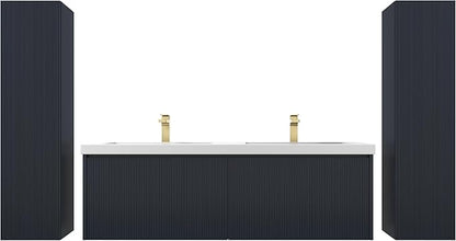 Blossom 60 Inch Double Sink Bathroom Vanity with Side Cabinets, All Wood Wall Mounted Floating Bathroom Vanity Cabinet with Acrylic Sinks, Soft-Close Drawers, Bathroom Vanities, Night Blue