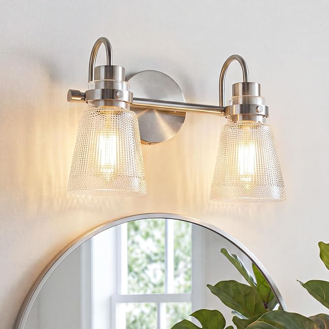 2-Light Brushed Nickel Bathroom Light Fixtures 13.8 Inch Vanity Lights for Bathroom Lighting Fixtures Over Mirror with Clear Striped Glass Shade for Bedroom Hallway Cabinet Porch