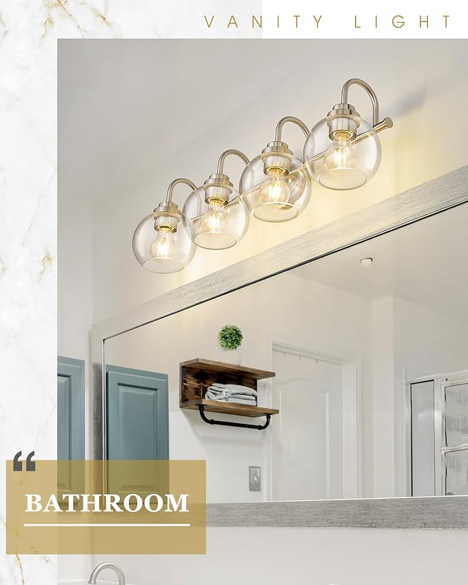 Bathroom Light Fixtures, 4-Light Brushed Nickel Vanity Lights Over Mirror with Globe Clear Glass, 30 Inch Modern Vanity Lighting Fixtures, AD-22280-4W-SN
