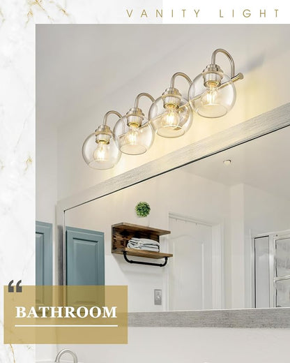 Bathroom Light Fixtures, 4-Light Brushed Nickel Vanity Lights Over Mirror with Globe Clear Glass, 30 Inch Modern Vanity Lighting Fixtures, AD-22280-4W-SN