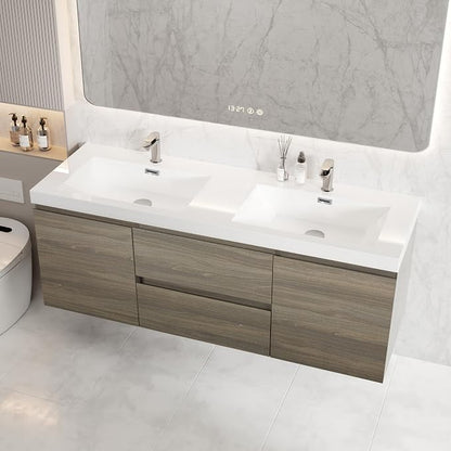 60 Inch Floating Bathroom Vanity with Double Sink, Large Storage Wall Mounted Floating Vanity with Soft Close Drawers, One-Piece Basin Bathroom Sink Cabinet (Ash Grey, 60 Inch Double Sink)