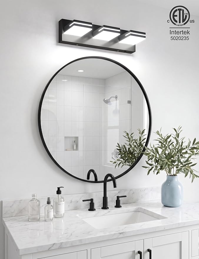 VOLISUN 16.15in Bathroom Vanity Light Fixtures 3-Light, Dimmable 6000K, Matte Black LED Bathroom Lighting Fixtures Over Mirror, 360°Rotatable Head, LED Vanity Lights for Bathroom