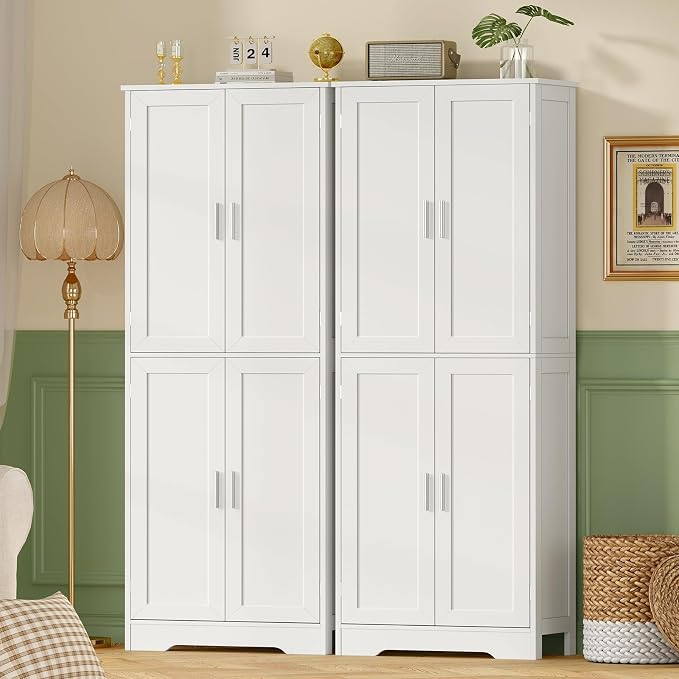 67” Storage Cabinet, Kitchen Pantry Cabinet with 4 Doors and 2 Adjustable Shelves, Cupboard, Tall Bathroom Cabinets for Dining Room, Living Room, White