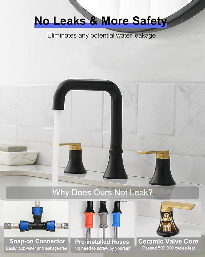 8 Inch Black and Gold Bathroom Faucet Widespread, 360 Degree Swivel Faucet for Bathroom Sink 3 Hole with 2 Handles, Pop-Up Drain & Water Hoses Saving Water