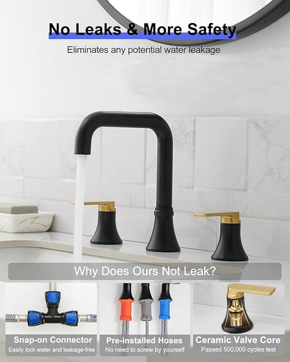 8 Inch Black and Gold Bathroom Faucet Widespread, 360 Degree Swivel Faucet for Bathroom Sink 3 Hole with 2 Handles, Pop-Up Drain & Water Hoses Saving Water