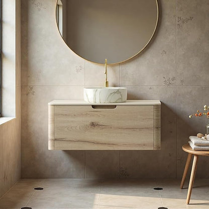 Bathroom Vanity with Sink, 36" Wall-Mounted Bathroom Storage Cabinet with Round Ceramic Basin & Soft-Close Undermount Drawer, Modern Pre-assembled Floating Vanity with Curved Design, White Oak