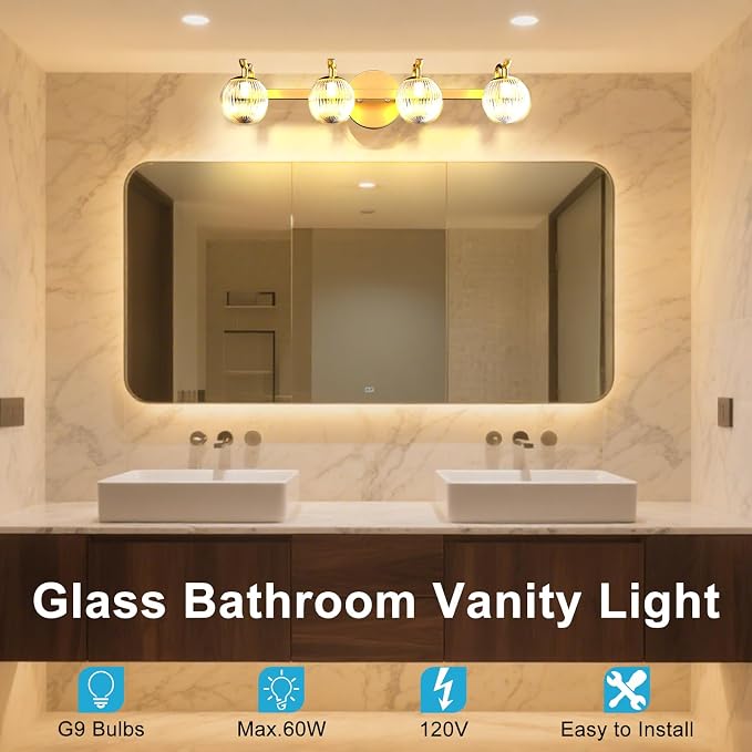 Lightdot Upgrade 4 Light Bathroom Vanity Light, 26" Modern Gold Vanity Lights with Waterproof Crystal Ribbed Lampshade, Rust-Proof Bathroom Light Fixtures Over Mirror for Kitchen Hallway Cabinet
