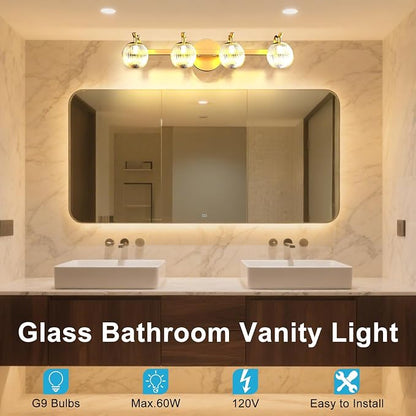 Lightdot Upgrade 4 Light Bathroom Vanity Light, 26" Modern Gold Vanity Lights with Waterproof Crystal Ribbed Lampshade, Rust-Proof Bathroom Light Fixtures Over Mirror for Kitchen Hallway Cabinet