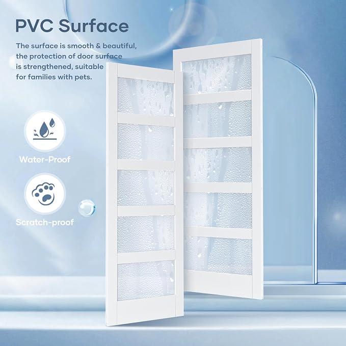 32x80 Inch Glass Sliding Barn Door Slab and 5.5ft Hardware Kit Included, 5 Frosted Glass, LVL Wood Panel Covered with White Water-Proof Scratch-Proof PVC Surface, Simple DIY Assembly