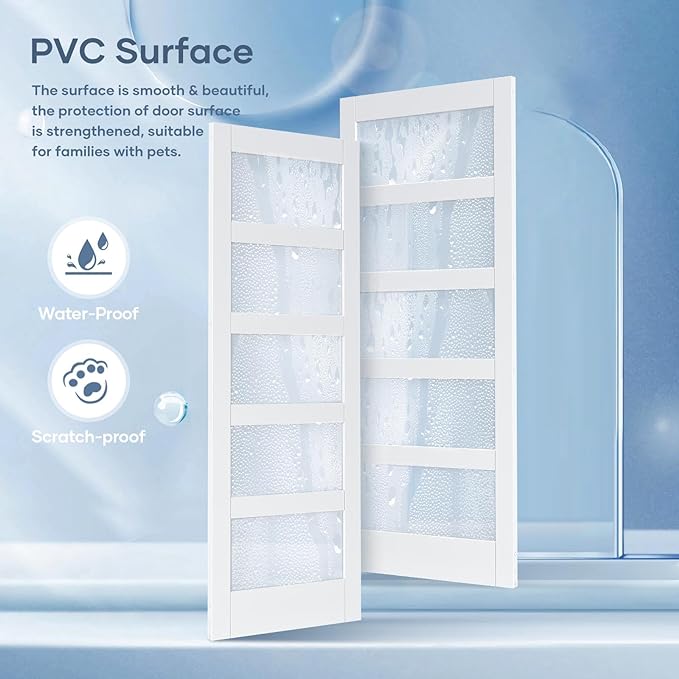 28x80 Inch Glass Sliding Barn Door Slab and 5ft Hardware Kit Included, 5 Frosted Glass, LVL Wood Panel Covered with White Water-Proof Scratch-Proof PVC Surface, Simple DIY Assembly