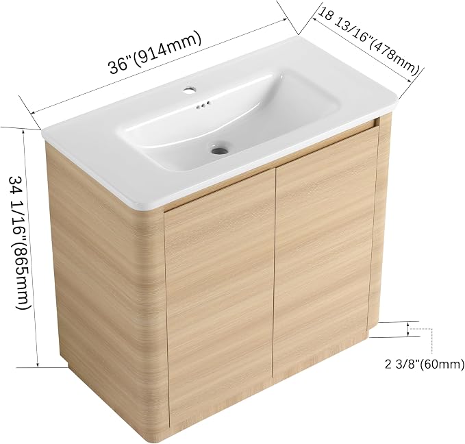 36" Bathroom Vanity with Ceramic Sink, Freestanding Bathroom Vanity with 2-Soft-Close Door, Soft-Closing Hinges & Hidden Handles for Home, Farmhouse, Easy to Clean Design, White Oak