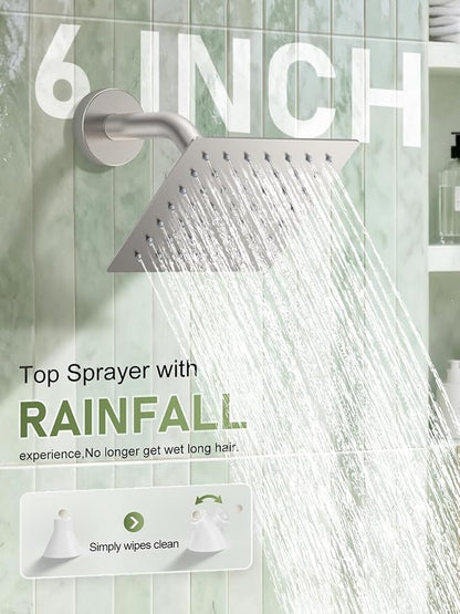Woindo Shower Faucet Set, 10" Ceiling Mount Rainfall Shower System with 2 Rain Shower Head and Multi-function Handheld Head Push Button Diverter Shower Faucet Trim Kit
