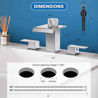 Brushed Nickel Bathroom Faucet 3 Hole, 8 Inch Widespread Waterfall Bathroom Sink Faucet with Filter, Includes Metal Pop-Up Drain and Supply Hoses, Perfect for Vanity, Restroom, Sink, Rv
