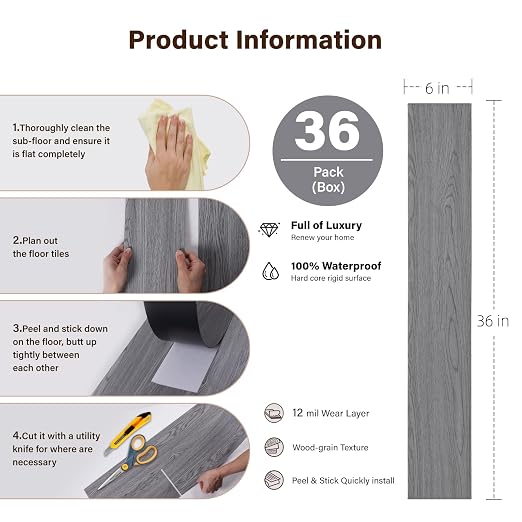 INMOZATA 36 Pack Peel and Stick Floor Tile Waterproof Vinyl Plank Flooring | 54 Sq.Ft, Heat-resistant, Wood Grain Self Adhesive Flooring for DIY Bedroom Living Room Bathroom Kitchen (Natural Gray)