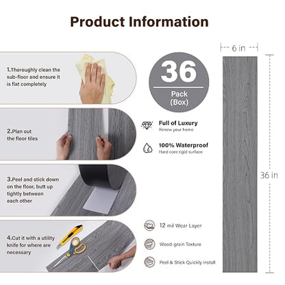 INMOZATA 36 Pack Peel and Stick Floor Tile Waterproof Vinyl Plank Flooring | 54 Sq.Ft, Heat-resistant, Wood Grain Self Adhesive Flooring for DIY Bedroom Living Room Bathroom Kitchen (Natural Gray)